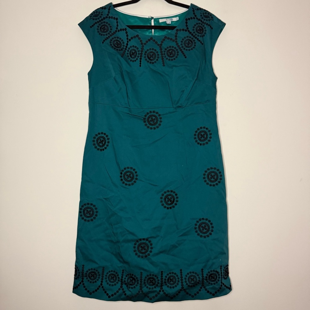 BODEN Embroidered Mod Teal Cotton Cocktail Office Sleeveless Sheath Midi Dress